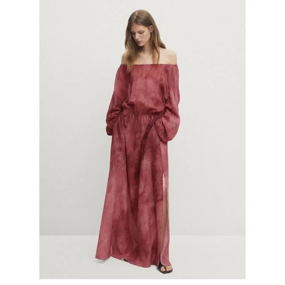 Massimo Dutti Womens Maxi Dress Off the Shoulder S Tie-Dye Red 6617/717 NWT